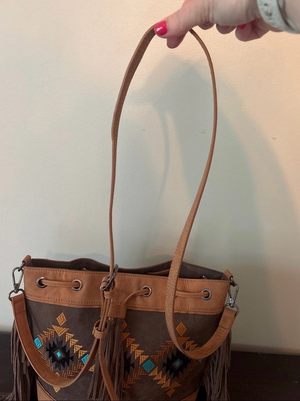 Montana West Brown and Tan Suede Fringe Shoulder Bag with Turquoise Embroidery - Picture 2 of 8